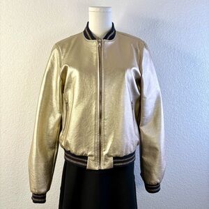 Gold Metallic Bomber Jacket — Full Zip, Rib Trim, Size M (Measurements Included)